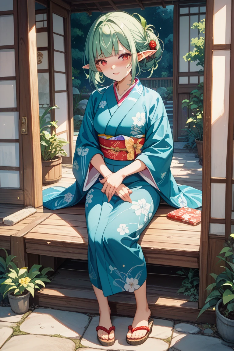 [(white background:1.5)::5], hexagon,masterpiece, (best quality), ((1girl)),young,upper body,((blue hair)),((green eyes)),(((hand between legs))),short hair,expressive hair,short kimono,perfect hands,game cg,absurdres, wallpaper, illustration