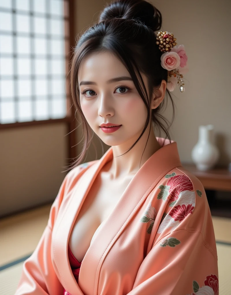 1 plump girl, Extremely beautiful, extremely cute, amazing face and eyes, (big and round eyes:1.15), The expression is calm, (extremely detailed beautiful face), (Courtesan style beautiful and cute floral kimono:1.5), (exposed bare shoulders), (Large breasts:1.2), (Best quality:1.4), (ultra - detailed), (hyper realisitc, realistically:1.37), Beautiful white skin, extremely detaild的 CG unified 8k wallpapers, RAW photos, professional photoshooting, movie lighting, sitted, spread their legs, (groin, Private section:1.2), (Pubic hair is sparse:0.8), Staring at me, (Beautiful floral wallpaper), Bedrooms, futon, pillow head, Bedroom lights dim, candle lighting, Peaceful atmosphere, (Courtesan style:1.3),