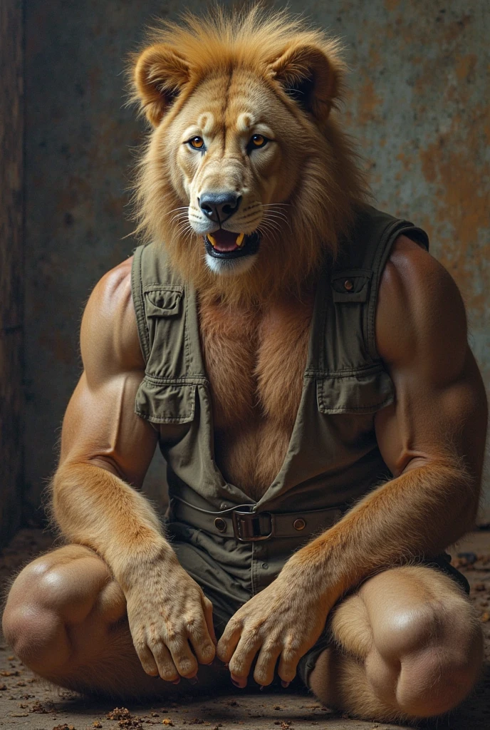 a muscular man with sweat pants on standing in the wilderness with two lions standing next to him