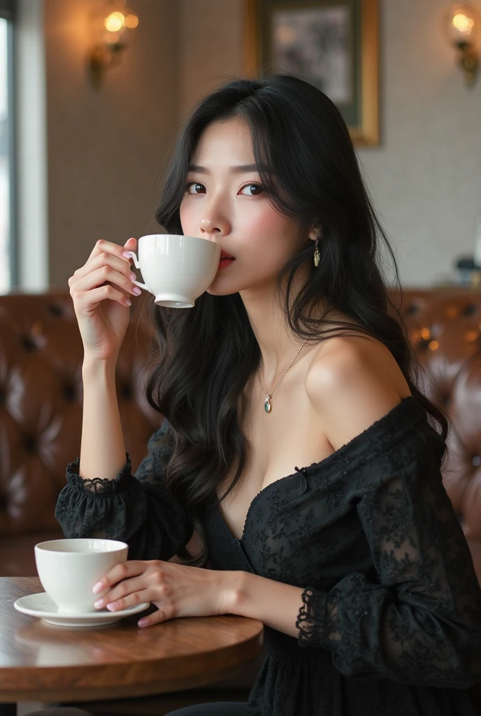 (Best quality, 8k, Masterpiece), A sexy Asian woman aged 38 years old, (big tits:1.1), sits at a table in a cozy cafe, pours herself a cup of fragrant coffee and looks thoughtfully into the distance. Her graceful facial features express mystery and confidence, and her stylish outfit emphasizes her personality. Her gaze is piercing, as if she sees something beyond the horizon, and this moment is full of mystery and attraction.