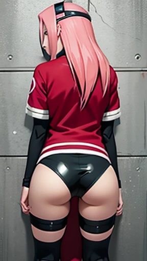 the masterpiece, Best quality at best, 1 girl, Sakura Haruno, big ,red clothes,(split),Grew, to be sexy,shy,anger,with pink hair, long pink hair, (green eyes:1.4), Forehead Protection, cherry trees,flying cherry blossoms,Perfect round butt,behind,Full length portrait behind,in the cell,tight black bicycle shorts, kneeling, hands behind your back, the back is arched back, the sun is shining on the butt, leaned forward