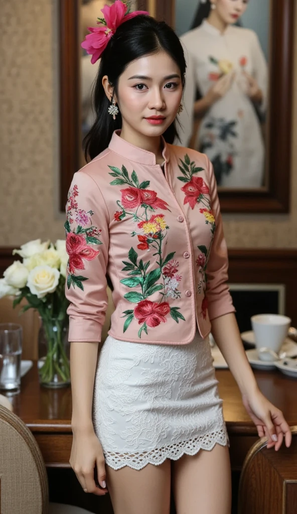 Beautiful Chinese woman, masterpiece, HD, photorealistic, smiling, seductive, office wear, wearing office clothes, ( silk blouse), tight work pants, , large breasts