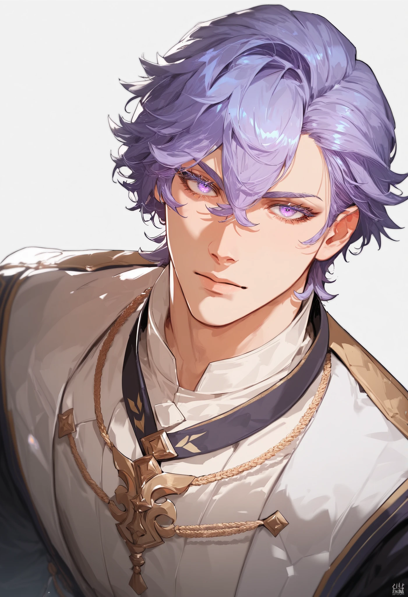 1boy, looking at viewer, keen eyes, simple background, male curvy body, modern clotches, cowboy shot angle, sexy, highres, hair between eyes, male cantarella \(wuthering waves\), purple eyes, purple hair, eyelashes,