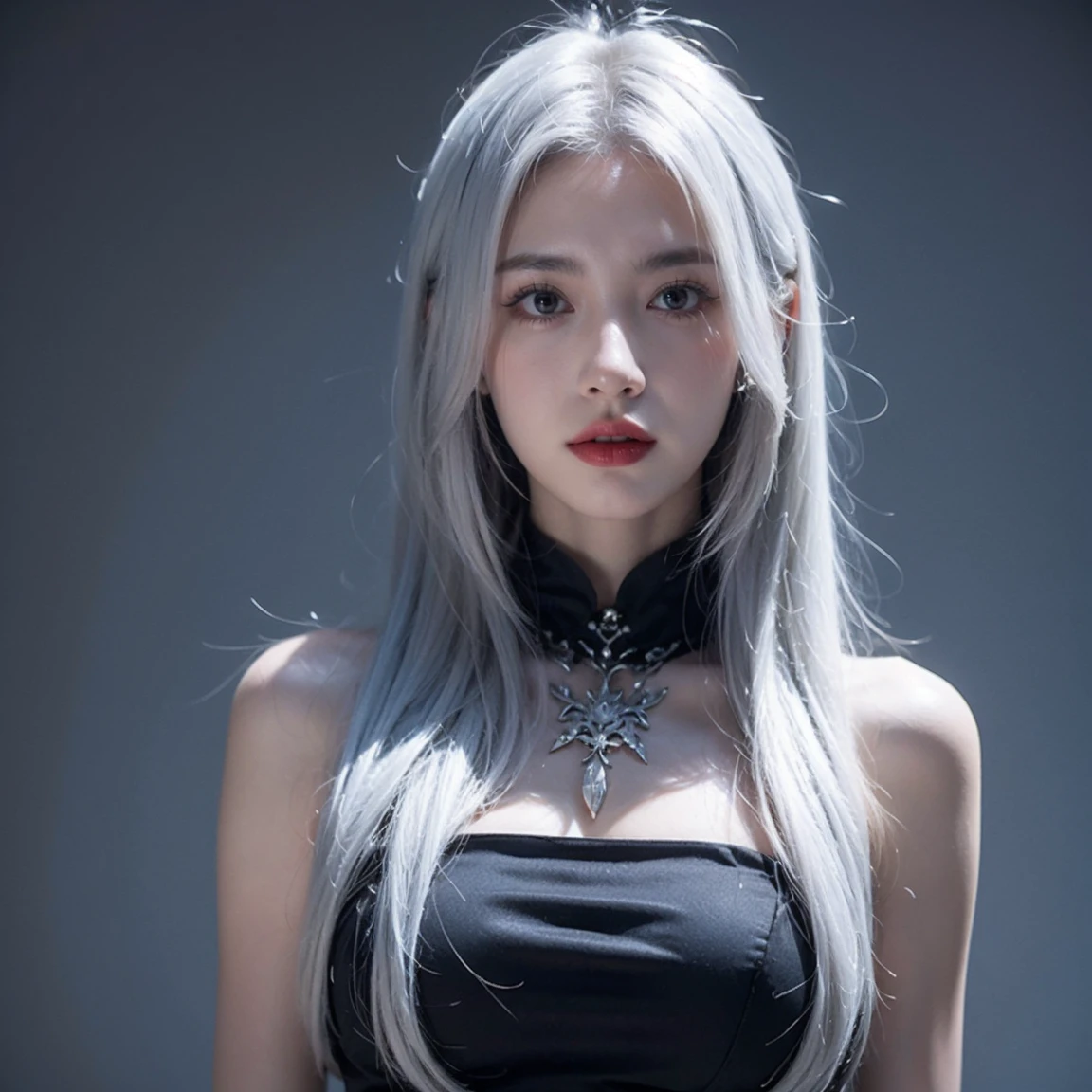 masterpiece, Amazing girl, Night Moon Full Moon, 1 female, Mature woman, elder sister, Royal elder sister, Cold Face, Poker face, woman with long silver hair, Light pink lips, calm, Intellectuals, Three-banded grey eyes, Assassin's Dagger, Flower ball background, Card Details, Finger details, Facial details, Eye details,