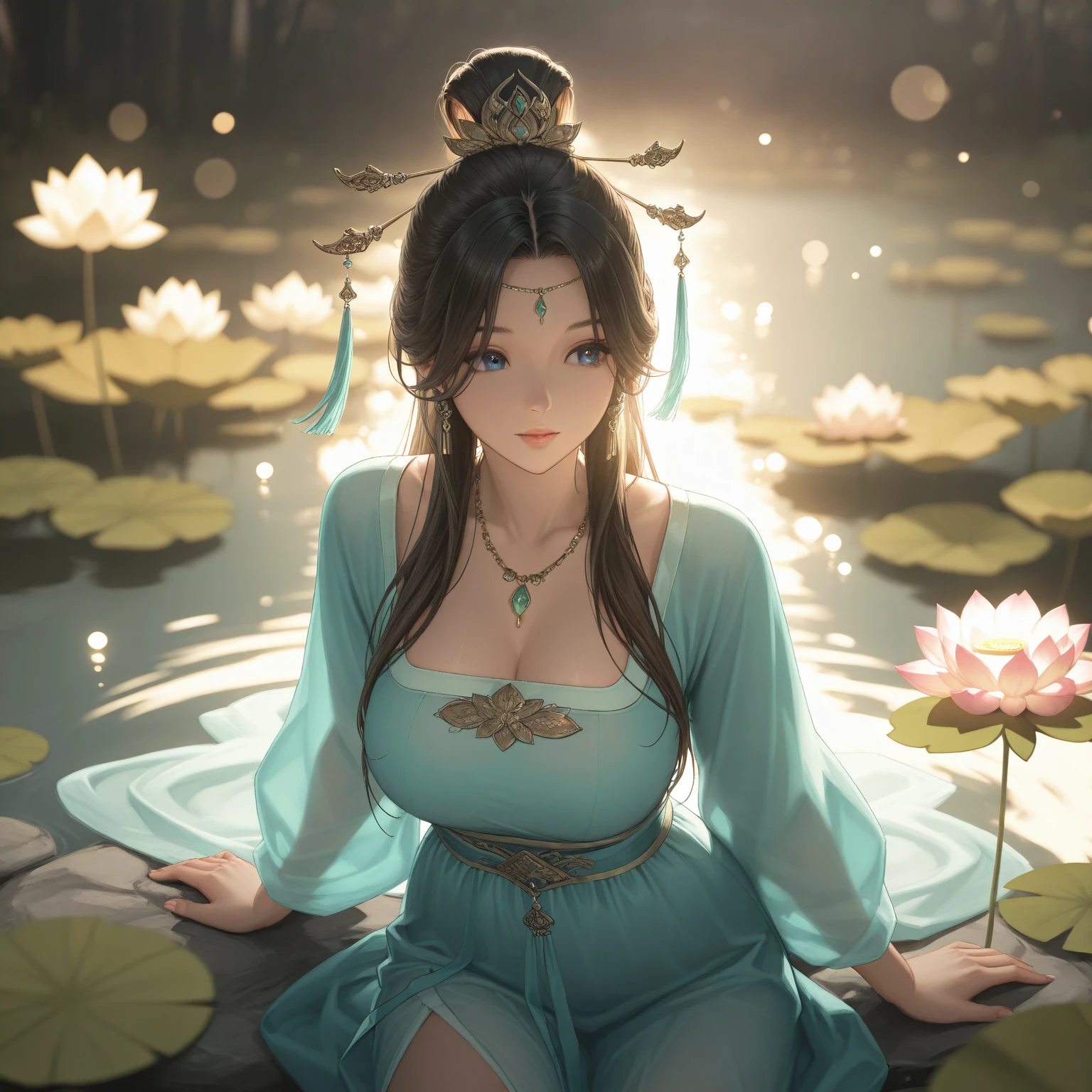 CG, unified, 8K, wall paper, (Masterpiece), (Best quality),(1girls:1.1), BEST lighting, complex pupils,, Detailed background, Lotus pond,White lotus flowers bloom,Sunny, Smiling, exquisite face,slick skin,Green eyes,White Hanfu,,Picking lotus flowers(White lotus flowers bloom,butterflies,sunbeams,The dense lotus leaves are taller than people),wet light clothes,Sexy body,showering,Bare body,Almost naked,Huge breasts,