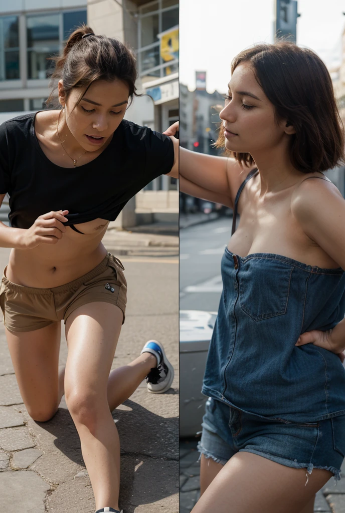 (whole body), short hair, Gorgeous, slender girl, (Slim and slender), western, (bloomed white shirt, very low cut shirt), (gray denim courts), (low-rise denim sneakers). visible hips and groin. thin legs. thigh gap. hot girl, To take a walk through the city, (Masterpiece), Best Quality, high resolution, extremely detailed, blurred background, depth of field, cinema lighting,