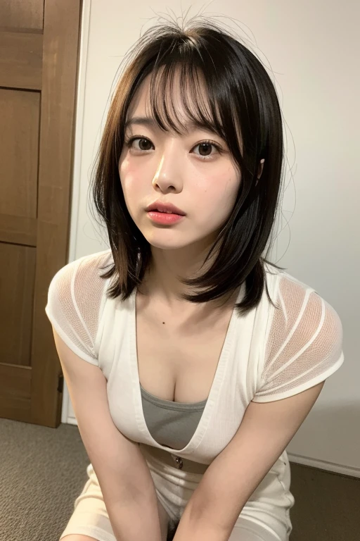 ((highest quality, 8k, Tabletop: 1.3, RAW Photos)), Sharp focus: 1.2, (1. AESPA Girl :1.1), alone, (Realistic, Realistic: 1.37), (Face Focus: 1.1), Cute face, Ultra detailed face, Short, unkempt hair, Small breasts, Flat Chest, (A neat silk camisole), Hotel Bedroom, (Lying face up on the bed: 1.3), Cinema Lighting
