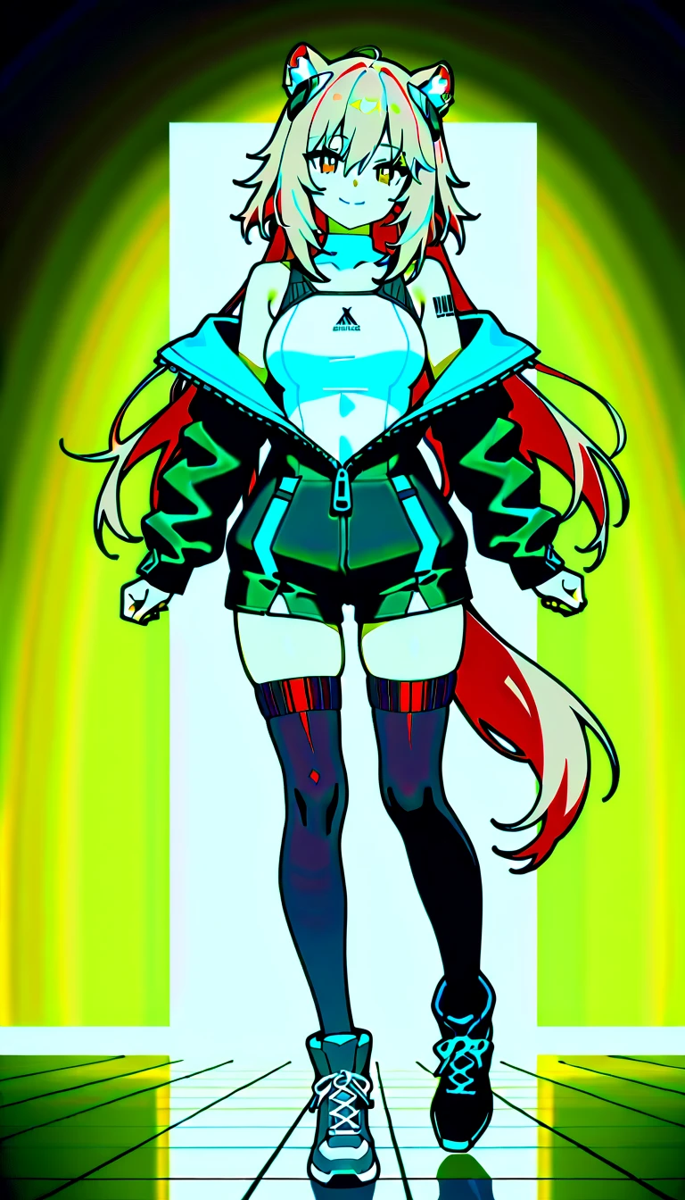 biomechanical cyberpunk, wolf girl, light blue eyes, petite body, small breasts, blonde straight hair, cybernetics, human-machine fusion, dystopian, organic meets artificial, dark, intricate, highly detailed, white shorts, G41_Girls_Frontline, contrapposto, red eye, blue eye, heterochromia, <lora:G41_Girls_Frontline:0.9> <lora:more_details:0.8>