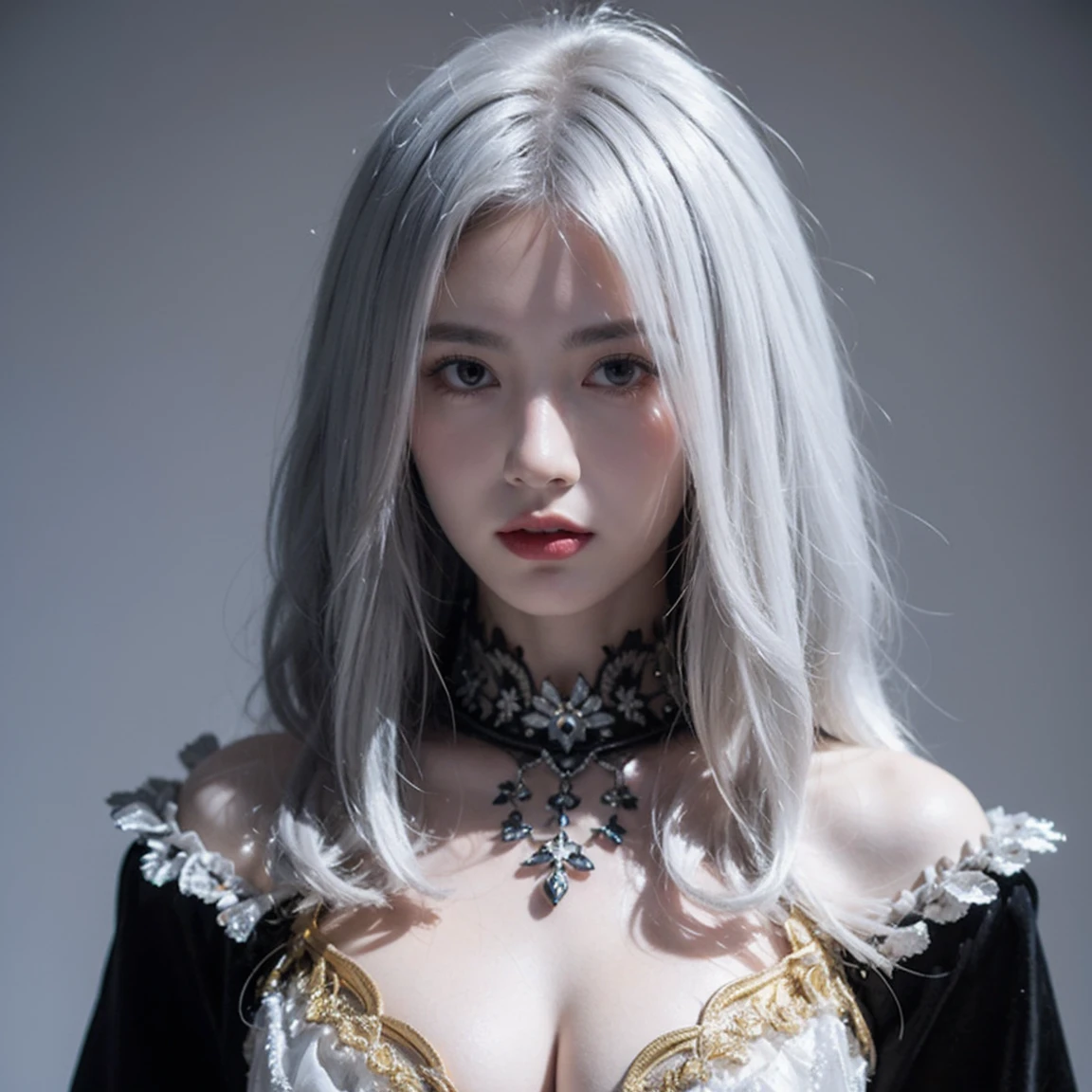 Insanely detailed photograph of a gorgeous vampire woman + indian, goth Renaissance, long voluminous white hair, intricate white eyes, fantastical, vampire, ethereal, hyperdetailed, 32k resolution, dynamic lighting, hyperdetailed, intricately detailed, trending on Artstation, triadic colors, volumetric lighting, BalenciagaStyle
