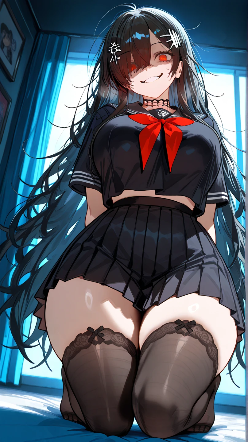 1girl, office, shirt, (angry), ((hourglass figure)), black tights, (from below), looking at viewer, ((thick thighs)), ((pussy)), ((lingerie)), ((nipples))