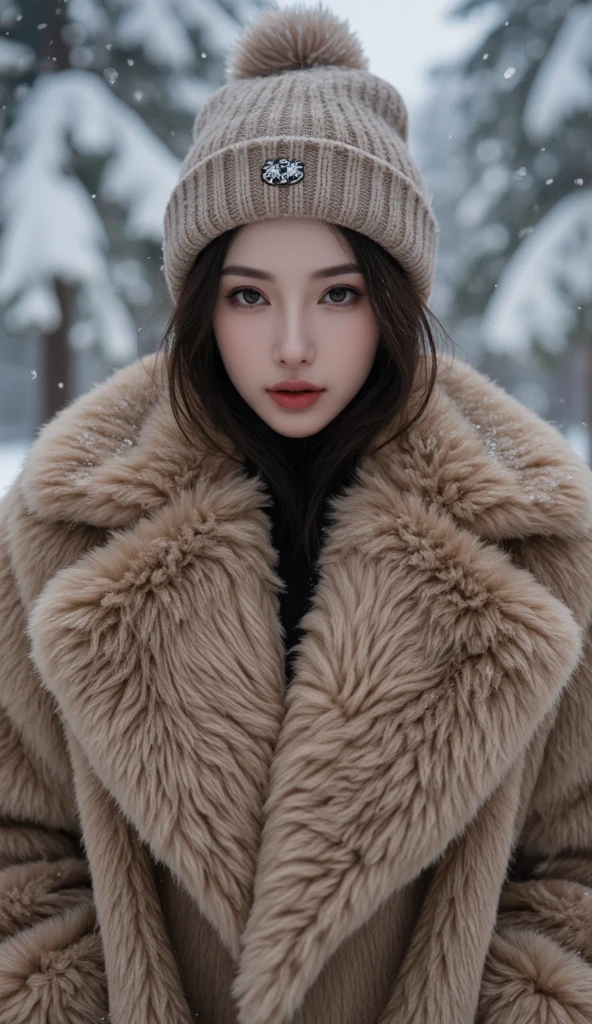 chubby Chinese woman, messy brown hair, heavy makeup, dark red lipstick, big pouting lips, wearing a very large tight shiny ) puffer coat, thick eyebrows, photorealistic, masterpiece, moncler, fluffy fur hood, attitude on her face, hair tied on top, large breasts, silk blouse, open coat,