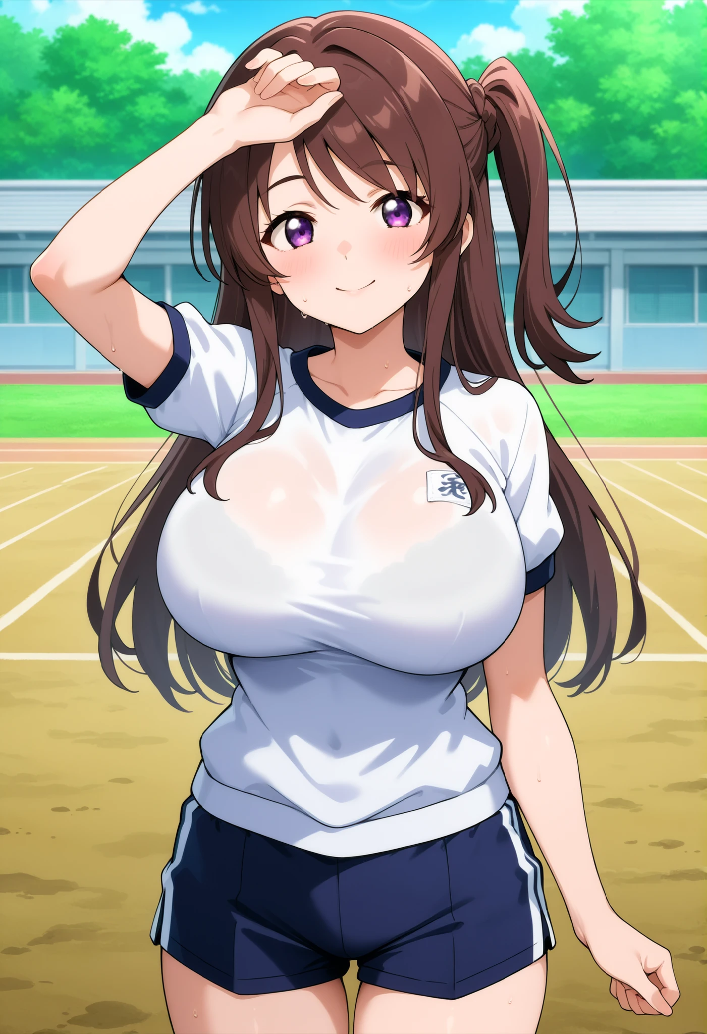 higurashikira, anime screencap, anime coloring, cowboy shot, 
1girl, solo, tall female, toned female, brown hair, long hair, one side up, swept bangs, long sidelocks, purple eyes, huge breasts, 
gym uniform, white gym shirt, black gym shorts, 
looking at viewer, smile, wiping forehead, sweat, standing, 
outdoors, school field, noon, 
(masterpiece, best quality, absurdres, highres, newest, very awa, year 2024:1.2)