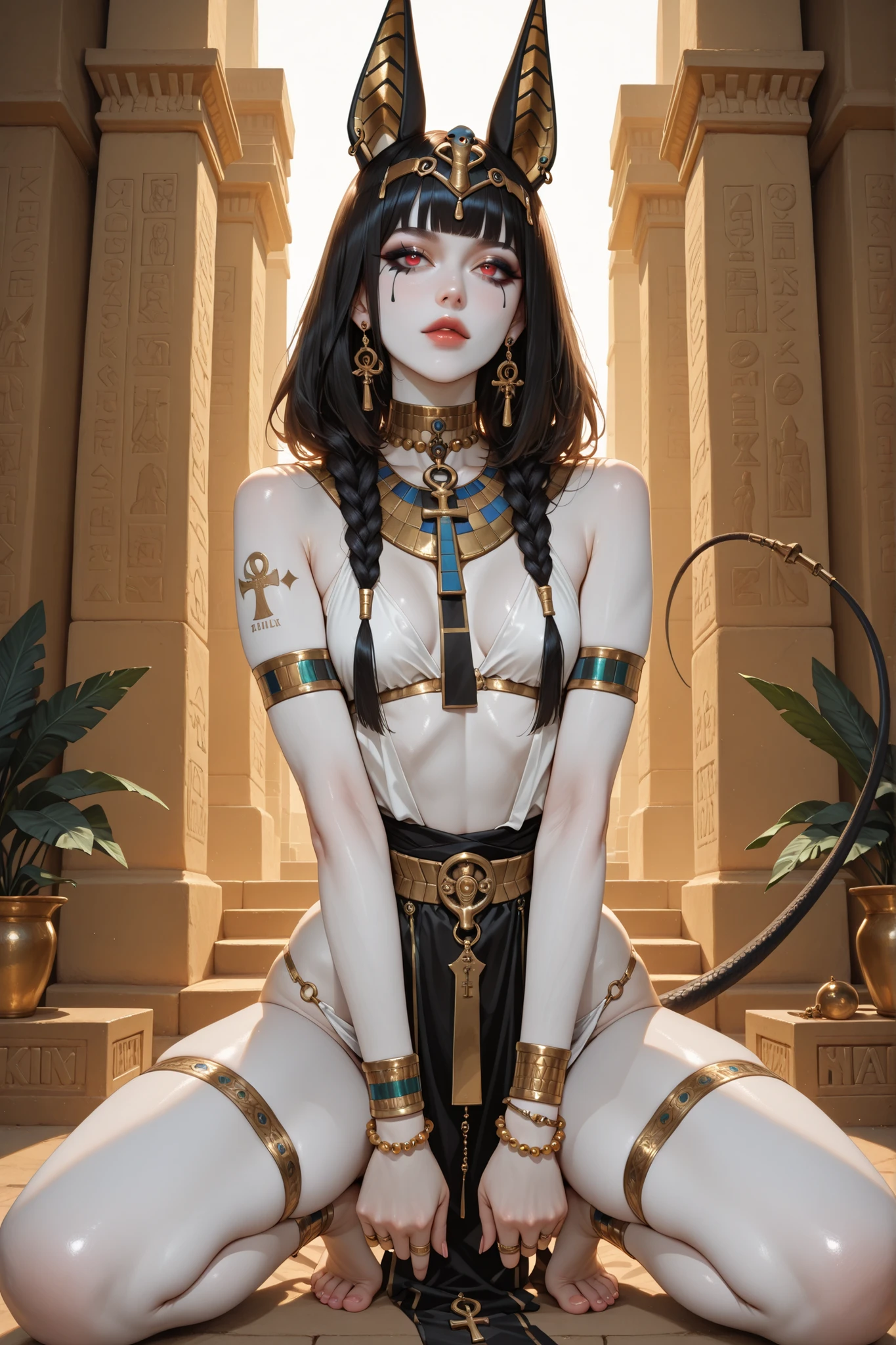 (masterpiece, top quality, best quality, official art, beautiful and aesthetic:1.3), (1girl:1.3), extreme detailed, colorful, highest detailed,((ultra-detailed)), (highly detailed CG illustration), ((an extremely delicate and beautiful)), cinematic light, petite, anubis attire, solo, (abstract art:1), full body, moon, night, ((ancient egyptian theme)), (anubis ears), pyramids, staff, (gold), golden ornaments, ((expressionless)), pharao, hierography, portrait, body tattoo, face tattoo, active pose, over head lighting, fangs, glowing eyes, sitting, relics,
,white pantyhose,tutubs,pantyhose, 
 <lora:tutubs_0001:0.75>