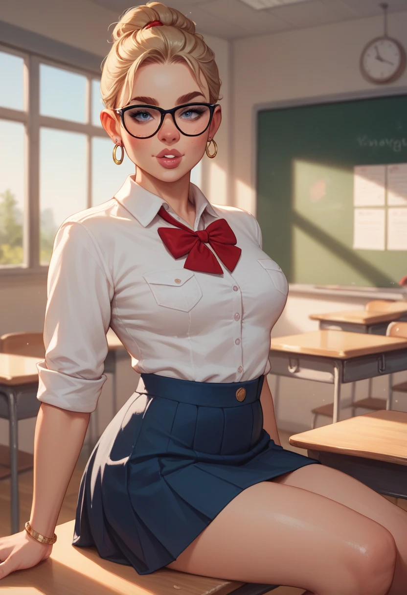 <lora:FF.114starlightXLAnimated_v3.LyCORIS:0.5>,, raw photo, <sideview|backview>, blonde teacher with cute makeup, age 35, face detailing, (holding textbook: 1.4) , narrow shoulders, black tight superminiskirt 25 cm long with slit on the back, wide hips, in high-heeled shoes, in the crowded classroom, white tight - fitting blouse , stylish glasses in a thin frame, (Thigh high socks :1.5), ponytail, red eyes, red ribbon, skin tight , (side breasts) , shoulder, collarbone, students, desks ,chairs, long earrings, textbooks, blackboard, classroom, graphic eyeliner, rouge, (choker:0.9), realistic skin texture, cinematic light,, very thin waist, <lora:SDXL_MassiveCowsLoRA_v1:0.1> breasts, cleavage, slim body,, (8k, masterpiece, best quality, ultra-detailed), (an extremely delicate and beautiful)kawaii, cute, very big eyes, Aesthetic Anime Eyes, small face, large breasts, cinematic lighting, , Intricate, High Detail, Sharp focus, dramatic, masterpiece, best quality, ultra-detailed,