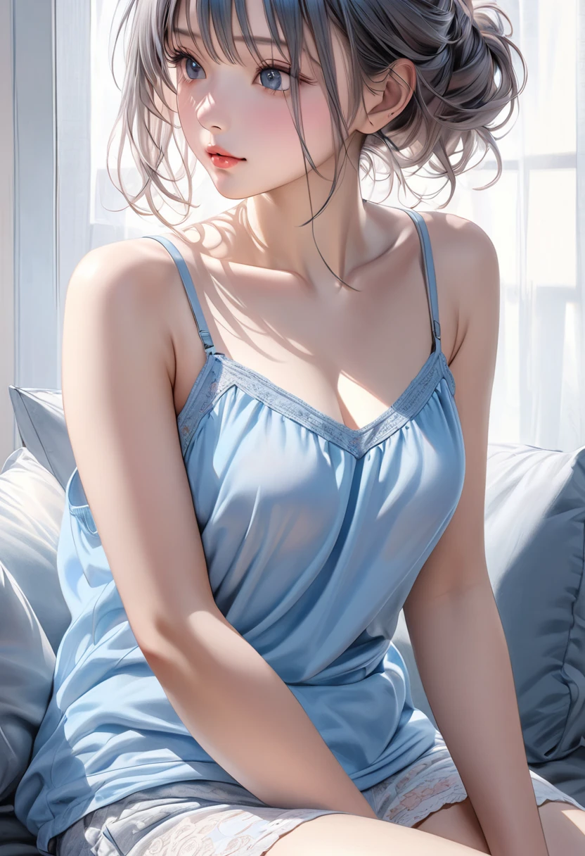 ((((masterpiece, best quality, high resolution)))), Extremely detailed 8K, Beautiful girl with voluptuous body, (Ultra HD, Ultra-detailed, Highly detailed, Highly realistic, Ultra-realistic, photograph realistic), (1girl:1.5), (Realistic black hair), (short wavy hair, earrings), (dynamic poses), facing at camera, looking at viewer, (blushing red, embarrassed, smile), (blue eyes, sharp eyes), (perky breasts:1.2), (beautiful detailed face, beautiful detailed eyes), ((translucent loose nightdress)), (standing up), sweat, glow, (sunbeam, sunlight), ((cowboy shot)), bedroom, seductive