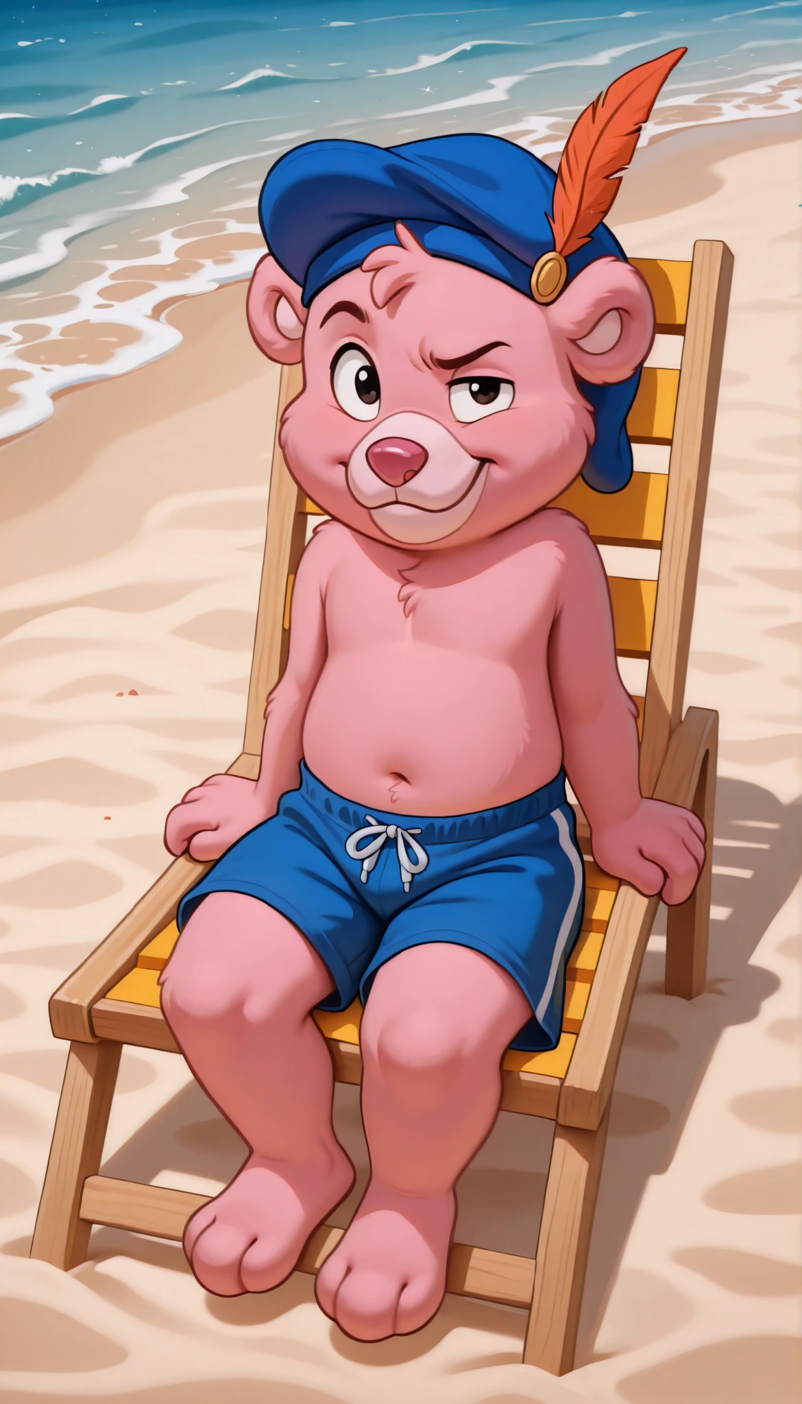 cubbigummixl, amazing quality, absurd res, newest, masterpiece, anthro, solo, pink bear, blue hat with feather, blue swim trunks, topless, beach, sunny, confident, raised eyebrow, full body, sit on beach chair,