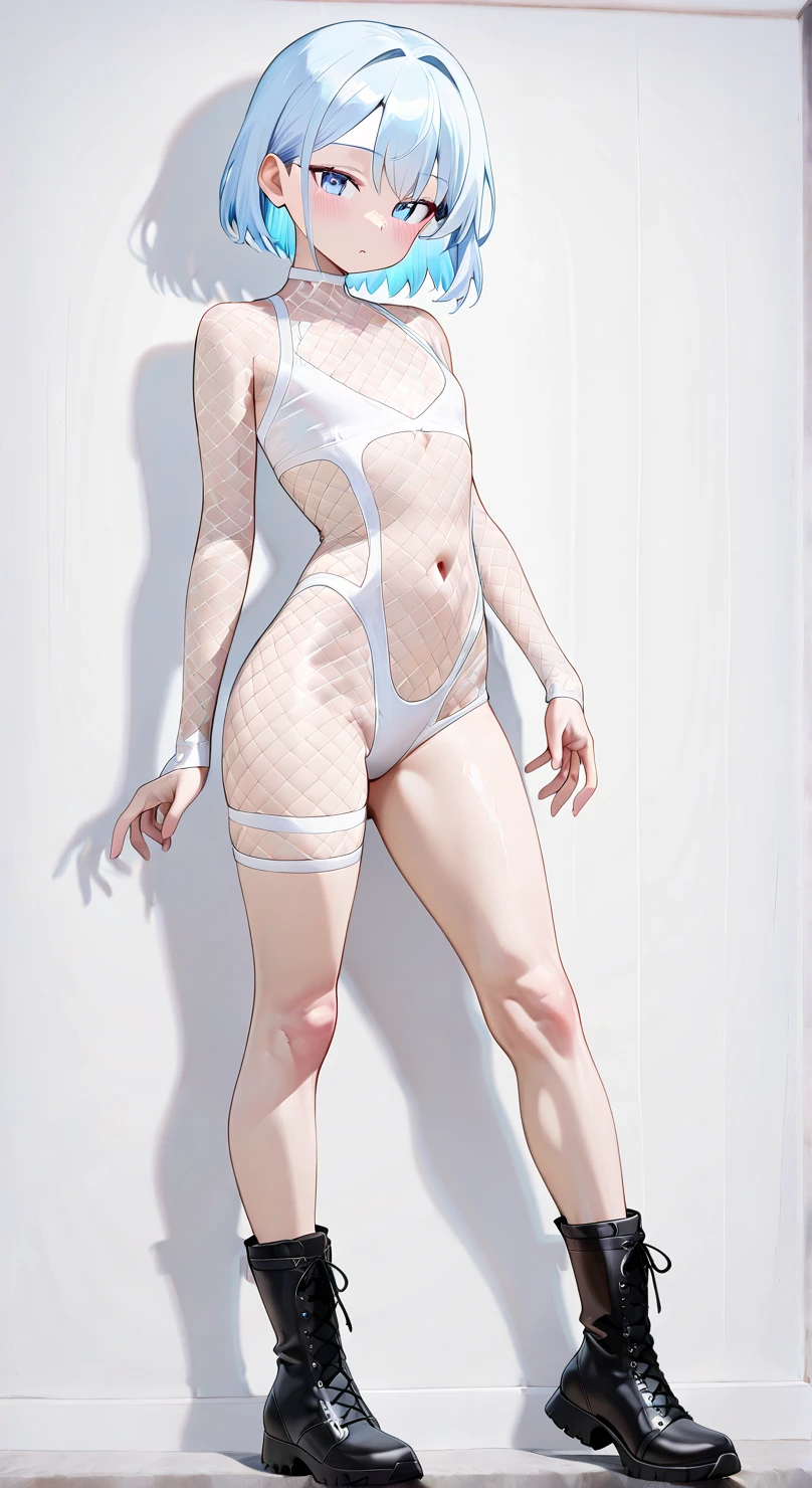 white bunny girl, white stockings, black hair, bob cut, simple white back ground,
