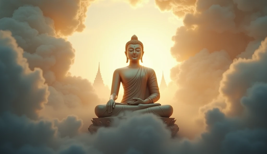 1200s. ily. Buddha, A spell, There is spirit everywhere, Dynamic pose, Wind, Smoke, spark of light, Stars above the clouds, surrealism, Super realistic, Cinematic, pastel colour, Fantasy universe background
