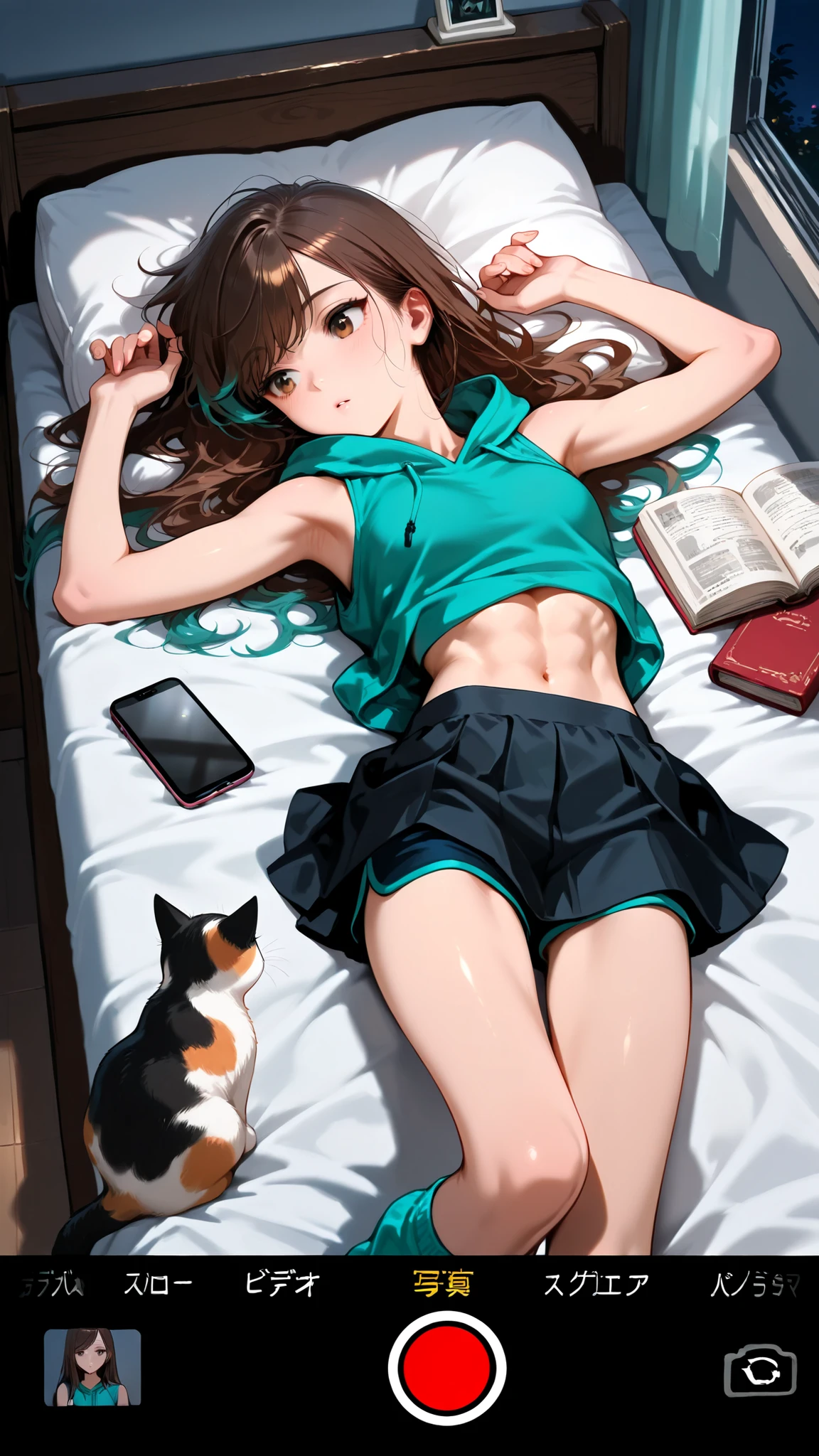 (Masterpiece, best quality), intricate details, JK,, close up, from above, upper body, arms out, laying on bed, open book, reading book, looking at book, brown eyes, messy hair, very long brown hair with teal highlights, sleeveless hoodie, teal hoodie, bare arms, black pleaded skirt , short shorts under skirt, midriff, hoodie rolling up, slight abs, loose teal socks, long swept bangs, small breasts, toned arms, bed, bedroom, phone, vanity, cat, night, curtained window, thin thighs, thin legs, camera frame, Recording, with right hand raised up