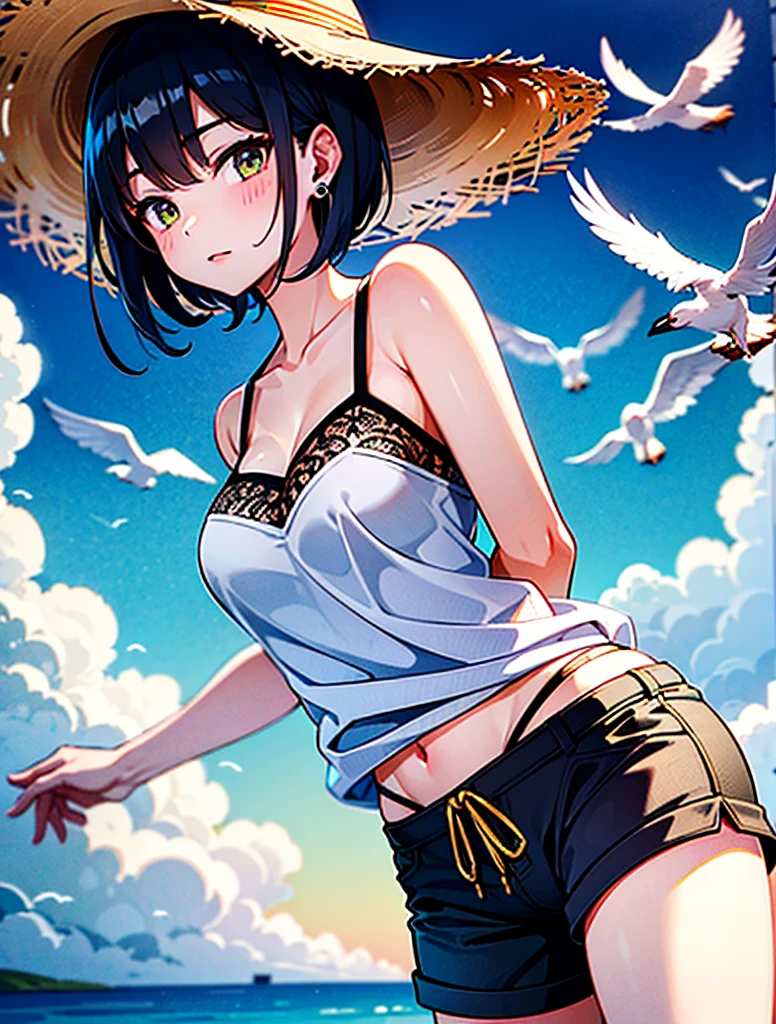 One older sister、Swimwear、Black、bird's eye view blush, Shortcuts, smile, Overlooking,