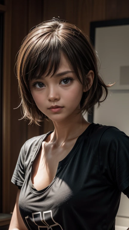 1 girl, dunkle Haut, upper body, Baseballkappe, T-Shirt, boyish girl,  shy,    , sinnlich, (best quality,4k,8K,high resolution,Meisterwerk:1.2),ultra-detailliert,(realistisch,photorealistisch,photo-realistisch:1.37),portrait,Chiaroscuro lighting,dramatic lighting,warme Farben,lebendigen Farben