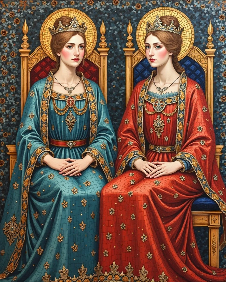 (((Mosaic Painting in Byzantine style))). Sitting on the solemn thrones. Beautiful, solemn and neat twin sisters. Virgin queens. Medieval queens. Diamond crown, formal dress. (((Looking viewer gently, blushing face, archaic smile))).