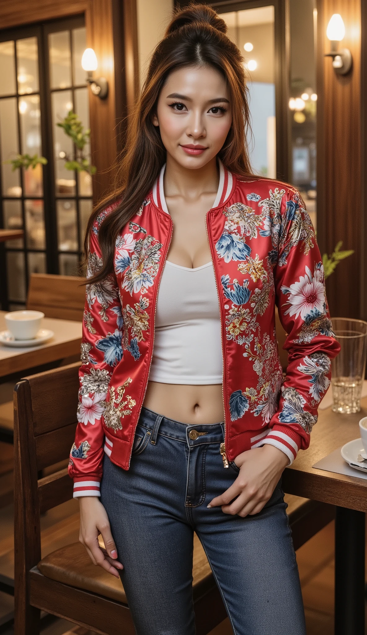 Thai Women, , Sukajan Jacket, Tight Jeans,, sexy legs , pose, Luxury cafe background