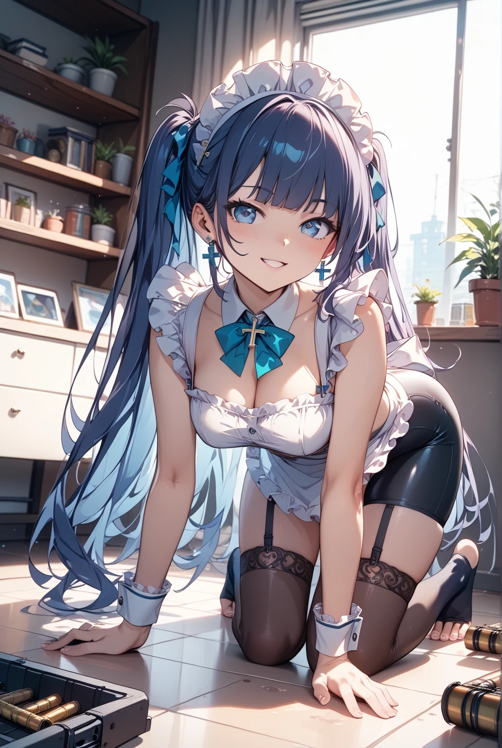 NSFW, (最high quality, 4k, High resolution, masterpiece:1.2), Super detailed, (anime style, realistic:1.37), cinematic light, , (((young woman))), (round eyes), (small face), (high detail skin: 1.2), clavicle, cute face, beautiful appearance, long eyelashes, (rainbow hair, blue eyes), (beautiful breasts:1.5), (slim body shape:1.5), very detailed顔と肌の質感, fine eyes, natural makeup, colorful costumes, gorgeous maid outfit, bewitching woman, sit down and hug your knees, lift the skirt, Enjoying the act, A glimpse of sexy lingerie, staring eyes, beautiful skin, shiny skin, perfect fingers, five fingers, anatomically correct, background bokeh, high quality, surreal, bright colors, ((very detailed, photo shoot)),
