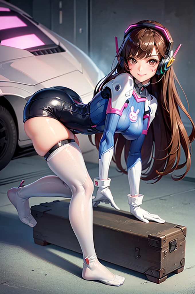 (Resembles D.VA from overwatch), long brown hair, blue and white d.va , ((beautiful ((brown)) eyes)), slender body, anime style, standing, god rays, ray tracing, cinematic lighting, depth of field, from behind, UHD, masterpiece, retina, high quality, best quality, highres, 8k, thick, (wink), ((seductive smile)), (sweat marks), (big ass),