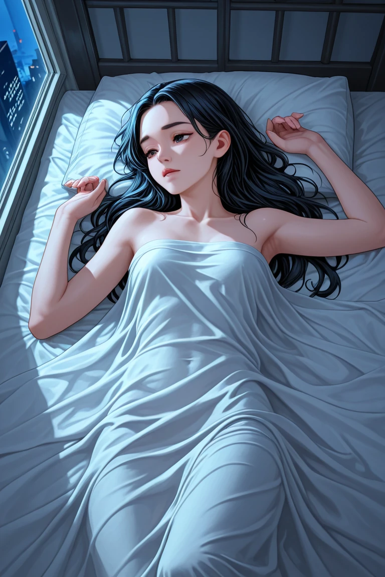 beautiful girl with realistic black eyes, pale skin, mid-length black hair, cum on perfect face, perfect eyes, wearing sheet sundress, highly detailed, comprehensive cinematic, digital painting, 8k, cinematic lighting, best quality, highres, detailed work, post-processing, perfect result, hyper realistic