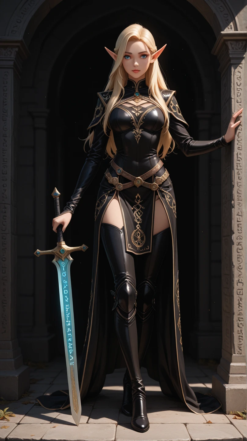 Mortal Kombat, Image showing full body, a Princess Zelda standing. with the outfit of the character Scorpion from the Mortal Kombat game, keep the characteristics of the original outfit and add and put the suit in black with gold trimmings and items, her Breasts are exaggeratedly large, she has long straight hair in black and light blue eyes, she should be looking at the viewer, with furious expression, closed mouth, she should be holding a Katana that is attached to a black steel chain, She is in a macabre cemetery with heavy rain, her clothes and hair are soaked with water, Realism, Anime style, Mortal Kombat, UHD, 16k, masterpiece, high detail, best quality, anatomically correct.