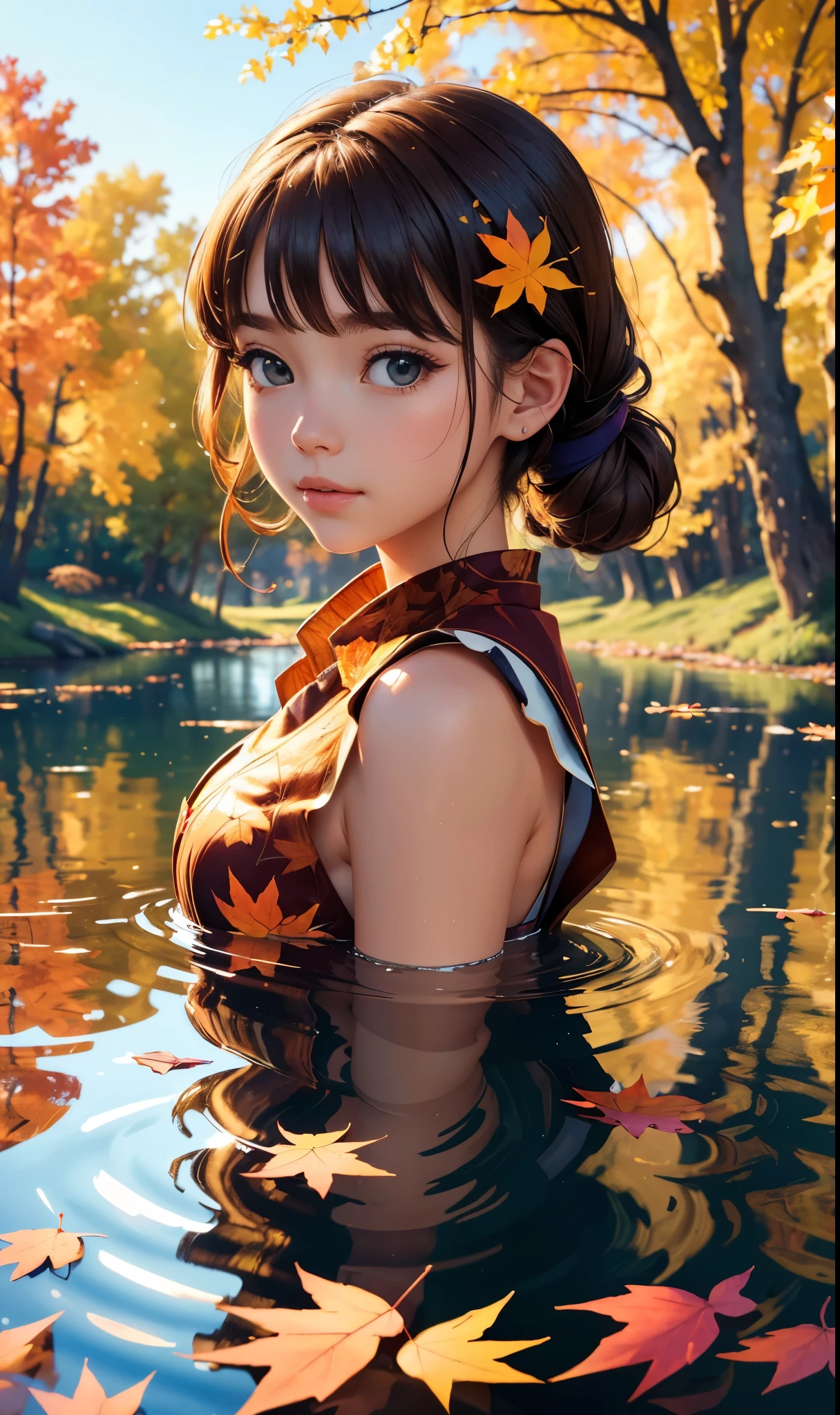 (Highest Quality,4K,8k,high definition,masterpiece:1.2),Super Detail,,Autumn scenery,Girl reflected in the lake,colorful leaves ,floating in the water,Golden sunlight trees々Insert through,Peaceful Atmosphere,The girl's expression is calm'Face,Red and orange hues,Deep red reflected on the lake surface,wind, Leaves Rustling ,Ripples spreading on the surface of the water,Warm sweater and jeans, Holding a cup of hot tea ,Fallen leaves covering the ground, A small wooden pier extending into the lake,soft lighting illuminates the scene,endless trees against blue skies and white clouds,Peaceful Atmosphere, Getting Along With Nature .