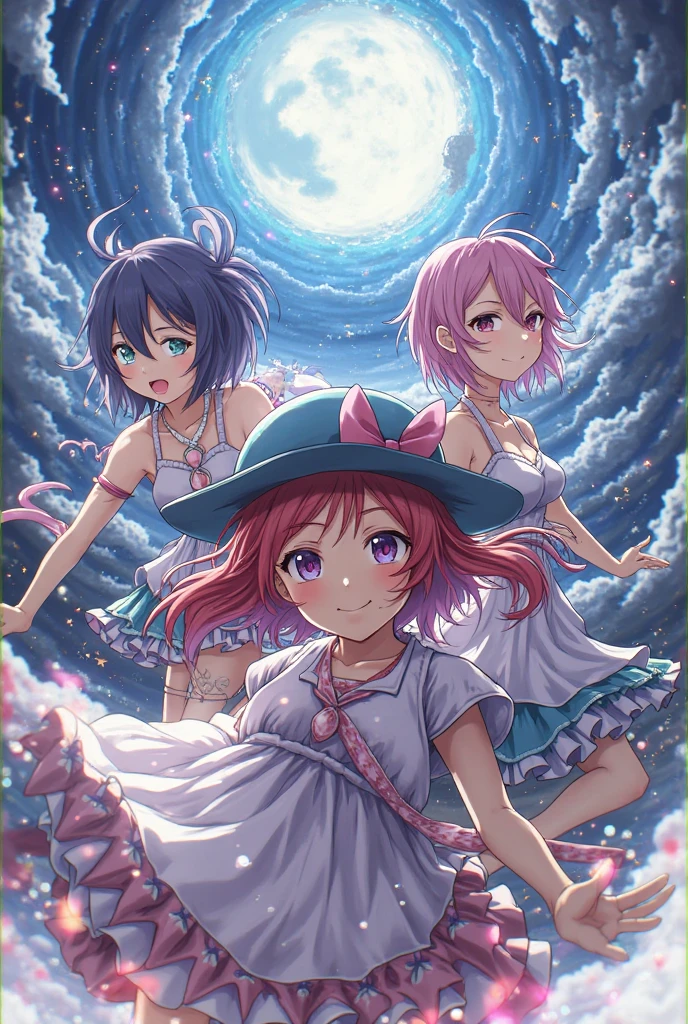 Holding a 1.8L bottle in one hand and a trumpet only、Plain white with  highlightedＴshirt、You can see the chest from the neck、Ultramarine and white striped mini skirt、When you lift up her skirt you can see her cute pink frilly underwear...、fluffy, White frilly flared skirt、When she lifted her skirt, She found some cute red frilly underwear、barefoot、library、Three girls of different heights Magical girl with a magic wand、Wind and water magic、Black Magic Robe
