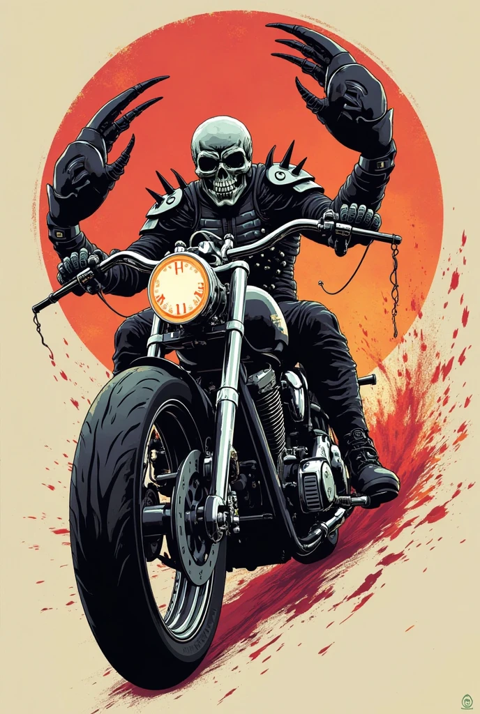 A biker with a skull head, fighting game style, Hip-Hop Style, t shirt design, flat-colors, vectorial art,  ((black backdrop)) . dynamic, Vibrant, full of action, detailed character design, reminiscent of fighting video games