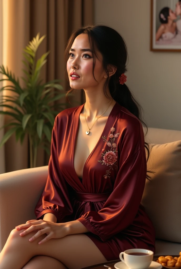 girl surrounded by black roses, The sun shines through the window, Create a warm and pleasant atmosphere. She was wearing wet pajamas, asian burmese girl, Practical, best quality, photo-Practical 8k, (best quality:1.1), masterpiece, (Practical:1.1), photo-Practical