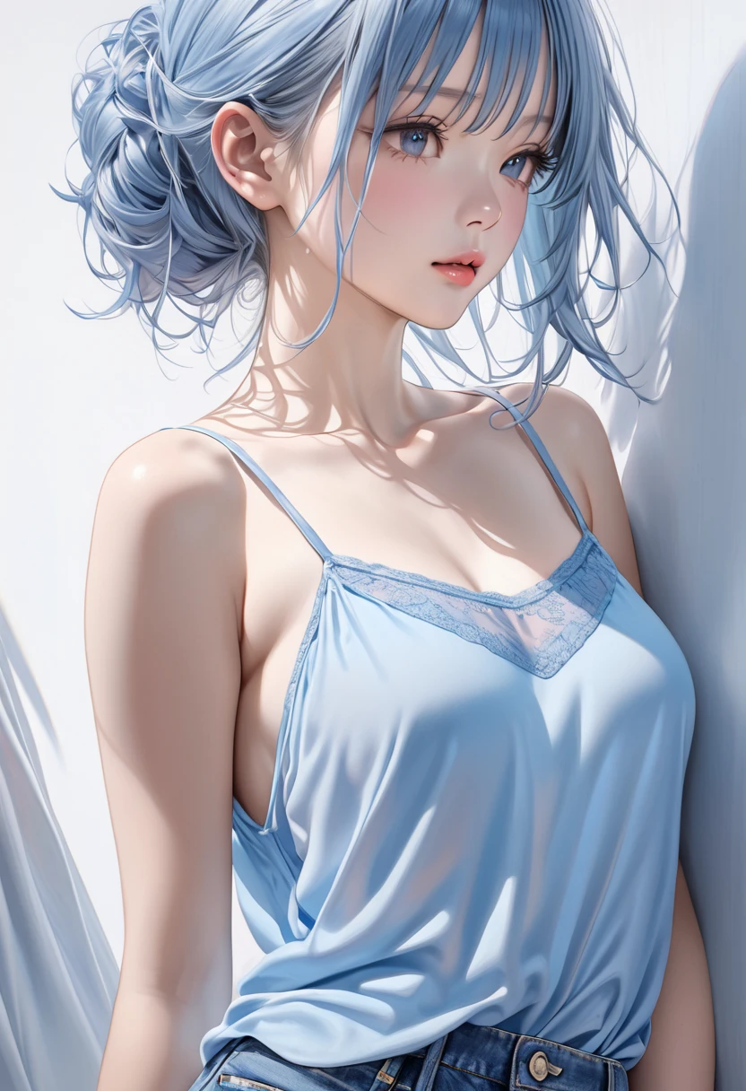 1 beautiful girl, laying on bed, white hair, perky breasts, ample cleavage, round and firm breasts, perfectly shaped bust, (beautiful face, seductive, makeup, blue hair bun, large hoop earrings, light pink wet tshirts, wet tiny skirts, white boots, smile, open legs
