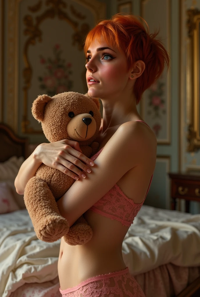 Cute girl, 18,blonde or redhead, lying in bed, sleeping on her side, head on pillow, blankets tucked in legs, in low cut red silk bra and panties, nipple bumbs, cameltoe, ((cuddling a teddy bear)) , bear under arm, bear cuddling breast, low light level, dark scene, moonlight through window,, night, high quality photography, masterpiece, ultra high resolution, photorealistic