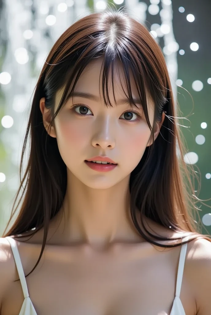 One Girl,Apply makeup thoroughly:1.7、 (Wearing a white, transparent strapless camisole:1.7), (No underwear:1.7)、(Close-up of face:1.5)、(RAW Photos, highest quality), (Realistic, Photorealistic:1.4), Tabletop, Very delicate and beautiful, Very detailed, 2k wallpaper, wonderful, In detail, Very detailedな CG Unity 8K 壁紙, Super detailed, High resolution, Soft Light, Beautiful detailed girl, Very detailedな目と顔, Beautifully detailed nose, Beautiful fine details, Cinema Lighting, City lights at night, Perfect Anatomy, Slender body, smile