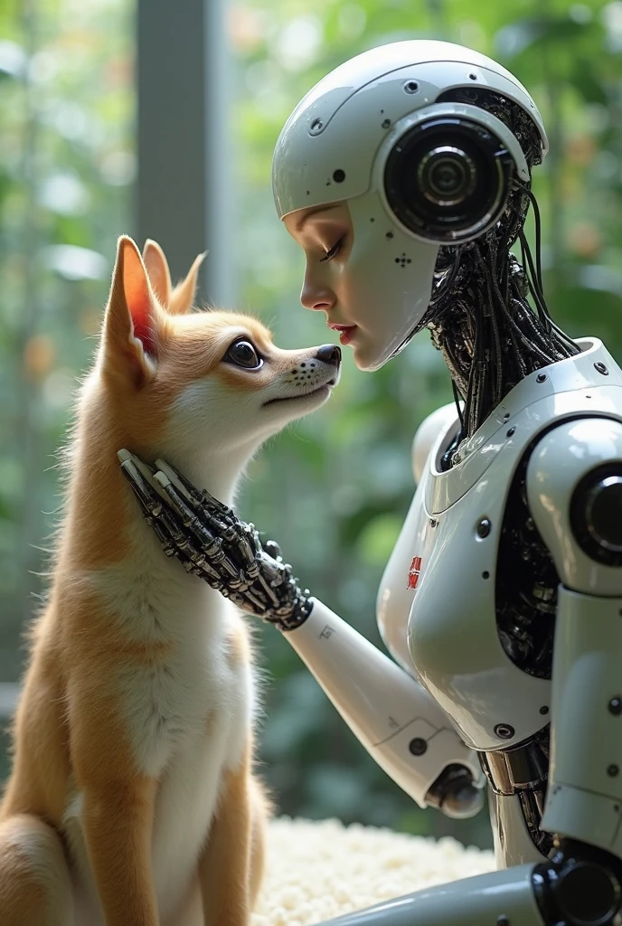 A happy obviously mechanical robot dog designed sexually satisfy women is licking a cute woman between the legs, bedroom