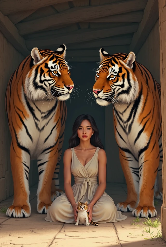 Brown eyes, long black hair, tiger skin, in pijama, with a lion bear
