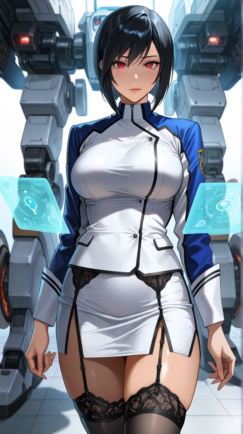 An absurd solution, High resolution, (masterpiece: 1.4), Super detailed, A young woman with dark hair dressed as an engineer, Blushing and excited expression, Sitting in a very small, enclosed mecha control room