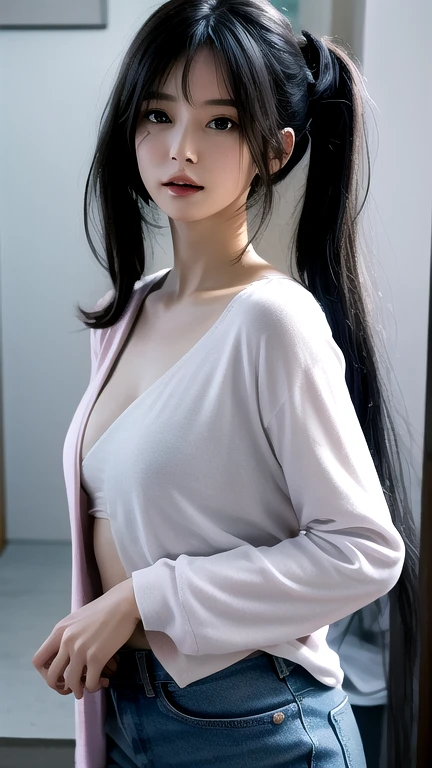 ((child-faced:1.3)), Blunt bangs, Black hair, Long hair, Straight hair, Silky hair, (masutepiece, Best Quality, High quality, ultra-detailliert, High resolution, Perfect body, Perfect Anatomy, detailed anatomy, Photography), (((Saggy breast:1.5))), Blunt bangs, Black hair, Long hair, Straight hair, Silky hair, blushed face, Erotic face, Sweet smile, Wearing a long sleeve knit dress,Wearing a long sleeve knit dress, Pose Seductive, blushed face, Erotic face, Wearing black glasses,