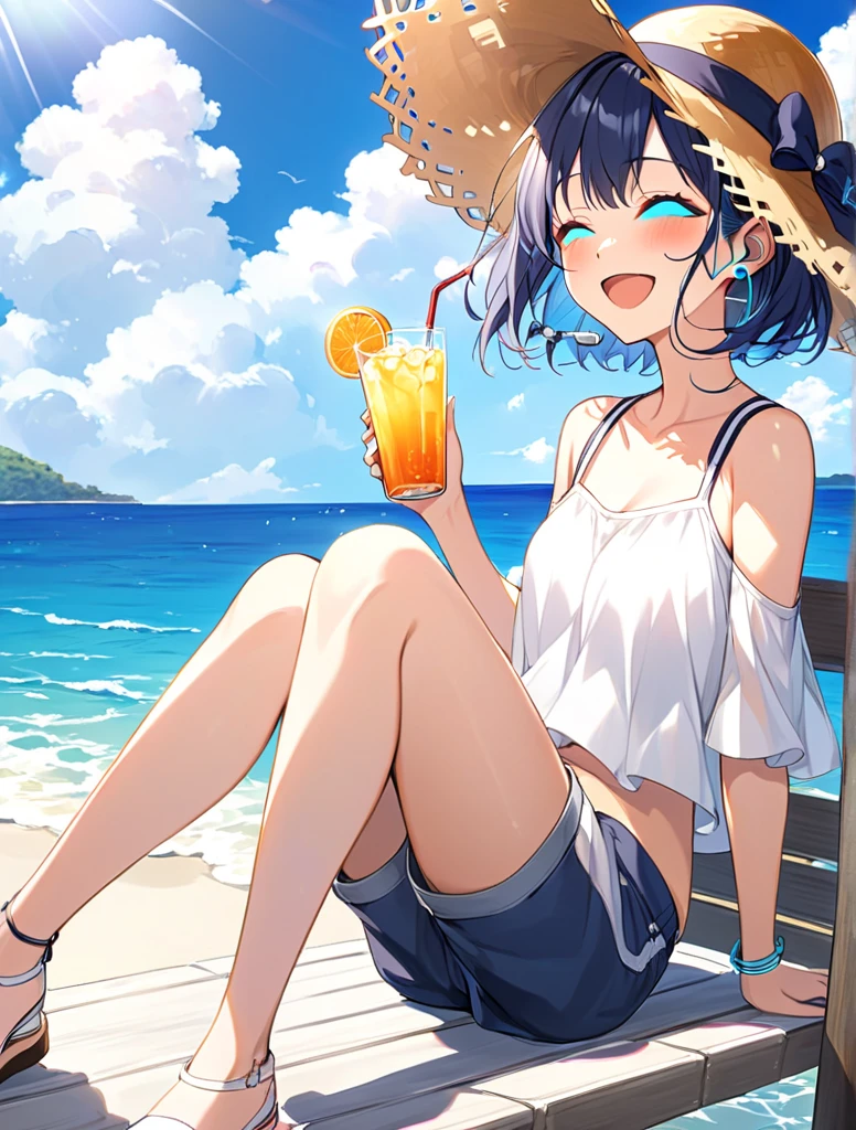 Highest quality,8k,detailed,F cup bust、Big Breasts、Slim and beautiful arms、Slim body、Very white beautiful skin、((((1 person、smile、Swimwear、smile、sit、Leaning back in a chair、In the background are the urban buildings of Tokyo、Outdoor café terrace、coastal、Navy hair color、juice、table、Cheek resting on hand、She is wearing a white side-string high-leg bikini、Very cute face))))、Sexy pose、Very blue sky、A completely cloudless sky、She tilted her head slightly、The atmosphere is bright and lively、The woman is at the center of the image。