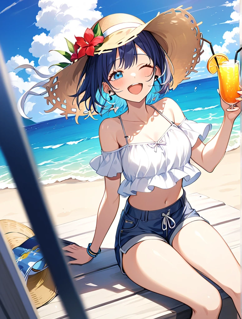 rezeroRem, Rem, blue eyes, Blue Hair, hair ornaments, Hair on one eye, Hair Ribbon, short hair, x hair ornaments,Straw hat,,happy smile, smile, Open your mouth,blush,Red T-shirt,Bikini swimwear under clothes,barefoot,barefoot,walking,whole bodyがイラストに入るように,
break outdoors, Beach,Sandy Beach,
break looking at viewer, whole body,
break (masterpiece:1.2), Highest quality, High resolution, unity 8k wallpaper, (shape:0.8), (Beautiful attention to detail:1.6), extRemely detailed face, Perfect lighting, extRemely detailed CG, (Perfect hands, Perfect Anatomy),