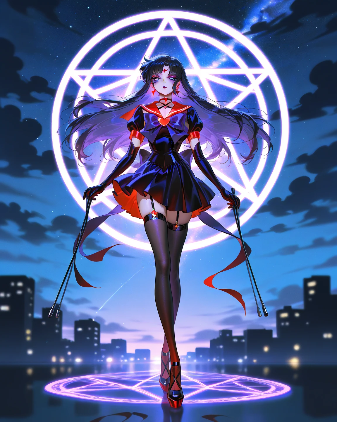 1 girl, attractive body, Bblack hair, city destroyed, detailedeyes, hand and arm, flegs, ​masterpiece, perfect, Magical Girl, Shoujo, Machimaho, Magical Girl Holy Shit
