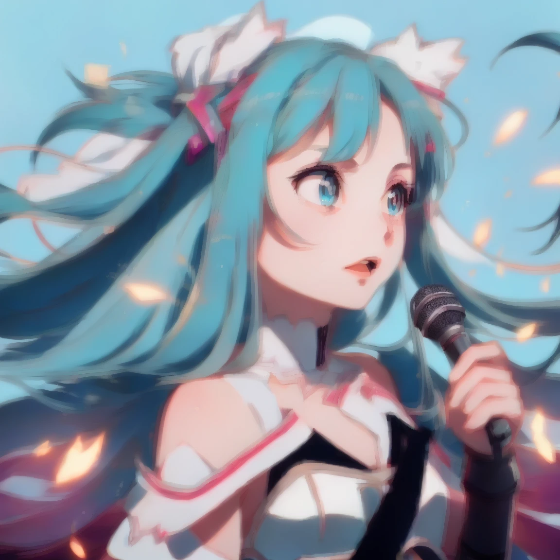 photorealistic, (4k), depth of field, (Masterpiece), (realistic skin texture), extremely detailed, intricate, hyper detailed, professional photography, bokeh, high resolution, sharp detail, best quality, girl, aqua hair, blue eyes, aqua maid dress, maid headdress, frills, apron, . dynamic pose, (lying on side), outdoors, park, light rays, grass, (park bench:1.3),