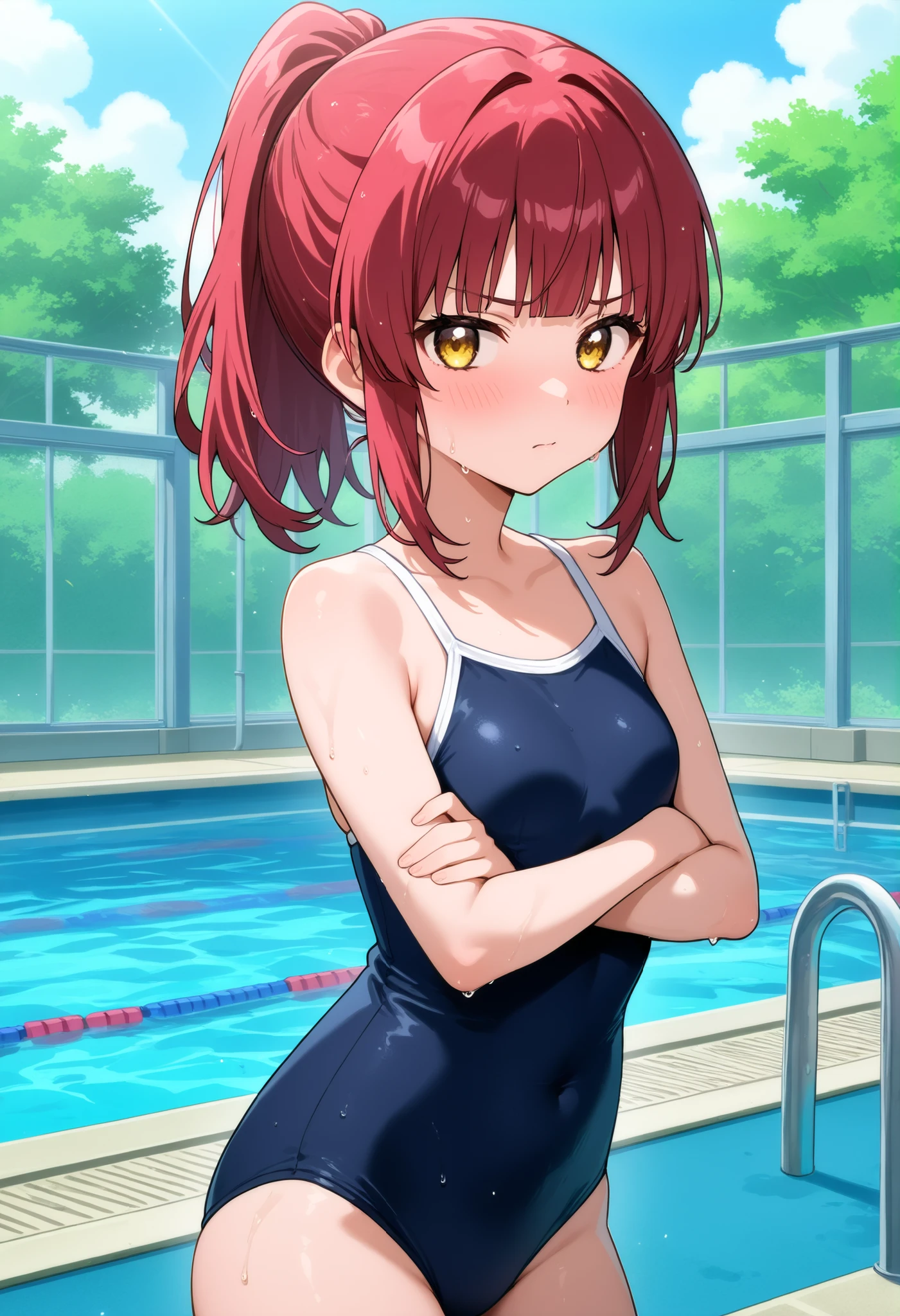 room, 1 Girl, Highest quality, Ultra-high resolution, Long Hair, Redhead, Green Eyes,Looking at the audience, Small breasts , Shy face、Watery eye, Open your mouth、Cowboy Shot、shiny swimsuit、blue swimsuit, Pool
