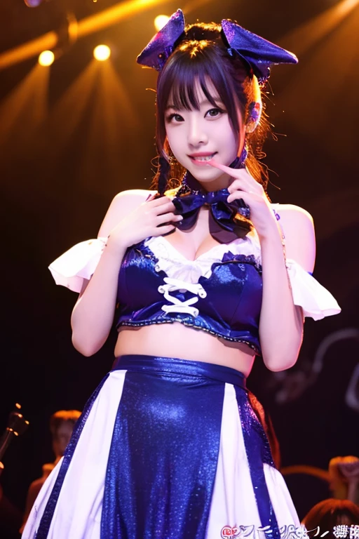 ((super high quality、High resolution、masterpiece、 Anatomically correct、Highly detailed photos、Ultra-realistic photos、 Highest quality))、(((((One person)))))、View your audience、Live Stage、Spotlight、(Cowboy Shot)、(Idol Costumes:1.2)、((Fan voyeur:1.2))、(Huge breasts:1.2)、Tight waist、Detailed face、Perfect figure、Black Hair、(Vulgar Idol、Vulgar costumes:1.8)、tiara、Lots of jewellery accessories、Lots of necklaces、Big Buckle Belt、