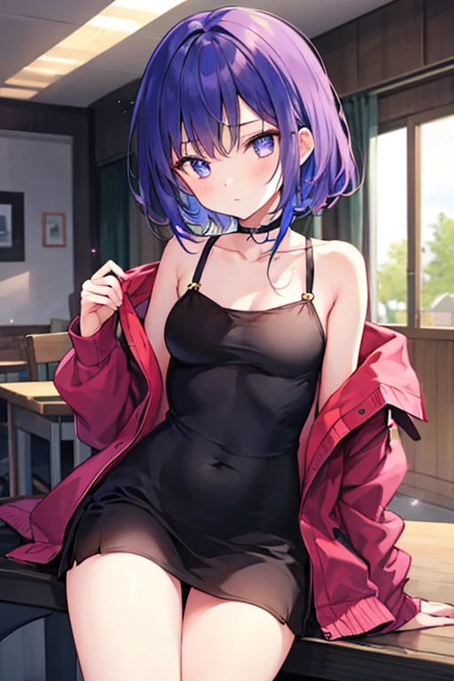 modelshoot style, (masterpiece:1.3), (absurdres:1.3), (best quality:1.3), (8K), (large masterpiece digital art), (detailed manga illustration), (handled hair), perfect anatomy, (intricate details:1.3), (ultra-detailed:1.3), (illustration:1.3), (sharp focus:1.3), (vivid colors:1.3), (1girl), (solo), Vermeil, kinsou no vermeil, (short hair:1), hair between eyes, multicolored hair, (two-tone hair, pink hair, black hair), purple eyes, leaning forward viewer, pov, thighs, sitting, virgin killer sweater, purple sweater, backless outfit, indoors, wooden floor, heart_cleavage_cutout