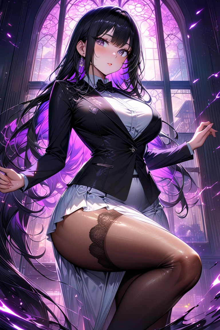 ((masterpiece, high resolution, best quality, best details, anime)), a woman standing in a bunny suit, bunny ears, sexy black leotard, ((black pantyhose)), platform high heels, long hair, purple hair, purple eyes with black outline, curvy body, full body, large neckline, large breasts, wide hips, bare shoulders and arms,